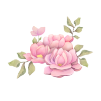 watercolor floral border arrangement with pink roses, delicate peonies and green branches. clipart element on transparent background for Wedding invitations, greetings, wallpapers, fashion, prints png