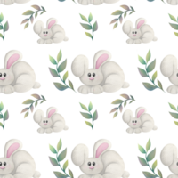 cute watercolor childish seamless pattern with funny rabbit, tree branches on transparent background. gentle Wallpaper print with forest animal, plants for nursery png