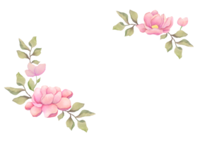 voorjaar en zomer waterverf bloemen kader grens. achtergrond met roze bloemen. botanisch illustratie met stoffig rozen, zacht blozen pioen, boom takken, kopiëren ruimte png