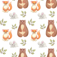 Watercolor childish seamless pattern with cute forest animals, plants - teddy bear, rabbit, bunny, fox isolated on white background. Hand drawn Creative natural baby print for kids fabric, textile png