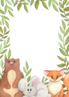 cute watercolor border frame with forest Woodland funny animals and flowers. vertical template with copy space for childish greeting cards png