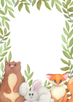 linda acuarela frontera marco con bosque bosque gracioso animales y flores vertical modelo con Copiar espacio para infantil saludo tarjetas png