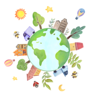 Cute green Earth planet. plants, flowers, cars, houses, nature, animals around globe. Watercolor Earth day poster, world Environment day. concept of peace, environmental protection and nature png