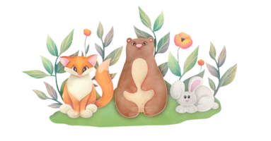 cute watercolor forest Woodland animals on background of flowers, green twigs. isolated clipart and cut out childish illustration for greeting cards, border frame banners png