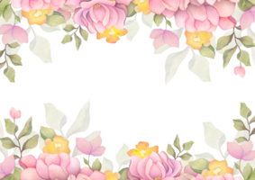 Watercolors border frame illustration with bright pink bright flowers, green leaves, perfect for wedding invitations, greeting cards, wallpapers, copy space backgrounds, wrappers, postcards png