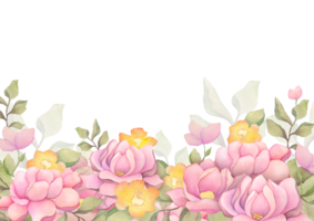 schattig hand- getrokken waterverf roze bloemen grens kader. achtergrond met pioenrozen, rozen, groen bladeren, kopiëren ruimte voor bruiloft briefpapier, groet kaarten, uitnodigingen, achtergronden png
