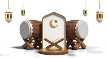 Ramadan kareem with podium quran and islamic decoration. Round podium stage, lantern, mosque ornament and quran. 3D rendering png