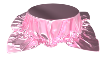 Pink podium pedestal on luxury satin. Pedestal or place for a product covered with silk. Podium covered pink silk fabric. 3D rendering png