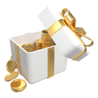 3D open gift box with golden coins and ribbon. Money prize reward. Earn point and get rewards. 3D rendering png