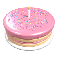 Cute birthday cake 3d rendering. Birthday cake with candle. Cute pink cake with candle and sprinkles. Pink cake and stand png