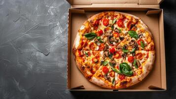 AI generated Tempting Pizza Delight. Freshly Presented in an Open Cardboard Box photo