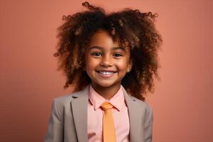 AI generated Joyful Black Girl in Peach Fuzz Suit on a Light Background photo