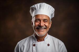 ai generado cocinero hombre en un blanco uniforme y sombrero en un estudio antecedentes foto