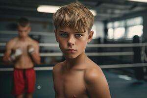 ai generado Boxer chico con un combate compañero en un gimnasio anillo antecedentes foto