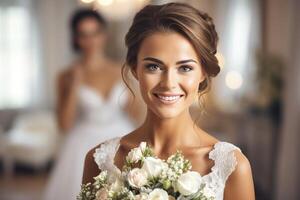 AI generated Radiant Elegance. Beautiful Happy Bride in a Banqueting Hall photo