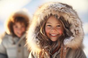 ai generado alegre esquimal niños en un invierno antecedentes foto