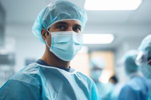 AI generated Male Surgeon in Medicine Mask and Hat in the Operating Room photo