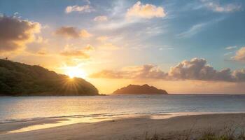 AI generated the sun sets over a beach with a mountain in the background photo