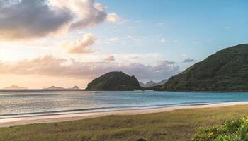 AI generated a beach with a mountain in the background photo