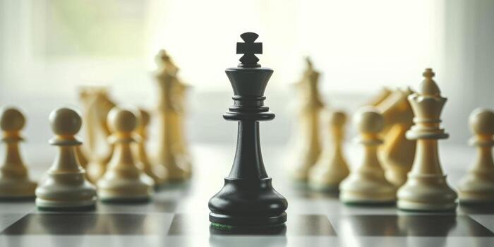 ai generado un solitario negro Rey empeñar posicionado en el centrar rodeado por blanco ajedrez piezas foto