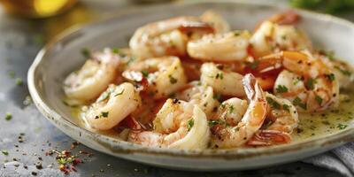 AI generated Stock of Shrimp Scampi, Plump Shrimp Luxuriating in a Flavorful Garlic and Butter Sauce. photo