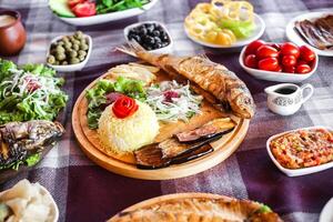 clasificado tipos de comida desplegado en un mesa foto