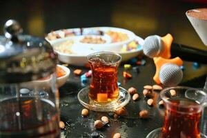 Table With Cups and Plates Filled With Food photo