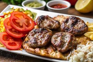 blanco plato con carne, arroz, y vegetales foto