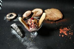 Delicious Ice Cream Sundae With Cookies and Powdered Sugar photo