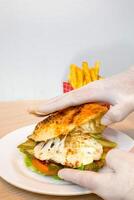 Person Holding Sandwich on White Plate photo