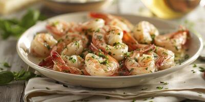 AI generated Stock of Shrimp Scampi, Plump Shrimp Luxuriating in a Flavorful Garlic and Butter Sauce. photo