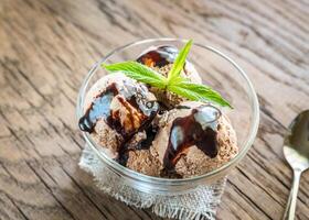 Chocolate ice cream with dessert topping photo