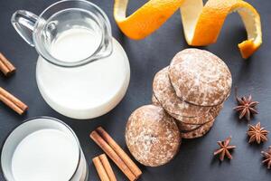 Gingerbread cakes with jug of milk photo