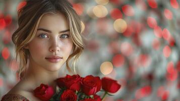AI generated Woman Holding Roses Against a Romantic Valentine's Day Background photo
