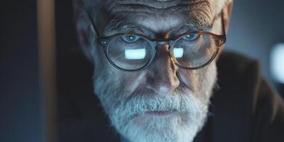 AI generated Deep Focus Glasses-Wearing Individual Analyzing Programming Code on Computer Screen, Older Generation Mastery of Technology with Cyber Security Reflecting on Face. photo