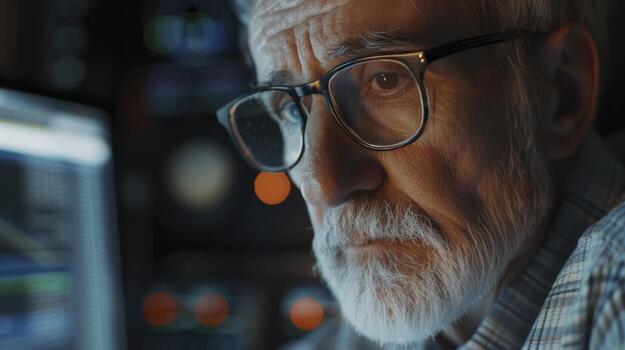 AI generated Deep Focus Glasses-Wearing Individual Analyzing Programming Code on Computer Screen, Older Generation Mastery of Technology with Cyber Security Reflecting on Face. photo