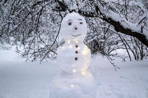 A cute snowman in the winter park. photo