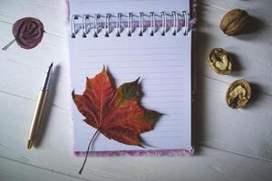 un abrió cuaderno y bolígrafo en un escritorio con decoración por caído hojas. atmosférico otoño antecedentes con Copiar espacio. foto