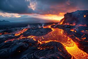 AI generated The dramatic scene captures the powerful eruption of a volcano with glowing lava flow and magma from global warming effect against a stunning phenomenon with sunset sky photo