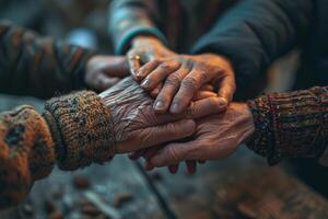 ai generado un conmovedor momento dónde generaciones ven juntos mediante un oferta tocar, calor y cuidado. simbolizando el fuerza de generacional cautiverio y el compasión de familia amor foto