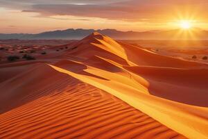 AI generated The golden hues of sunset cast over the smooth undulating sand dunes of the Sahara Desert with distant mountains silhouetted against the sunny sky photo