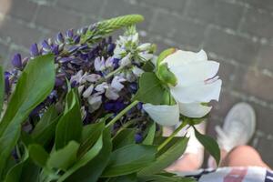 Girl holding a bouquet of flowers. Top view. photo