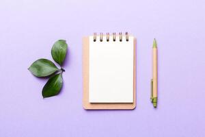 eco-friendly Empty notebook with pen and green leaf on Colored background for note photo