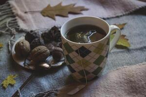 A cup of tea and sweet snacks with decoration by autumn leaves on the warm plaid. Seasonal still life photo