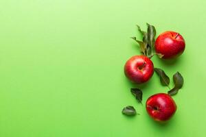 Many red apples on colored background, top view. Autumn pattern with fresh apple above view with copy space for design or text photo