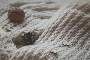 A knitted woolen texture with natural decor. Cold season background. photo