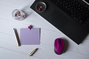 Female workplace top view. Business flat lay. photo