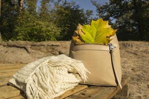 A bag with beautiful fallen leaves and knitted scarf. Autumn vibes. photo