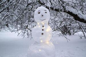 A cute snowman in the winter park. photo