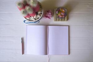 A notepad with pen, pink cactus, crumpled sheet of paper and multicolored letters on a white wooden desktop. photo